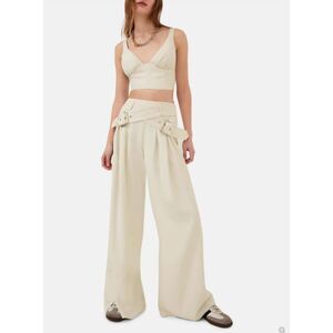 For Love & Lemons Ivory Natasha Buckle Strap Crop Top L & Wide Leg Pant M Set
